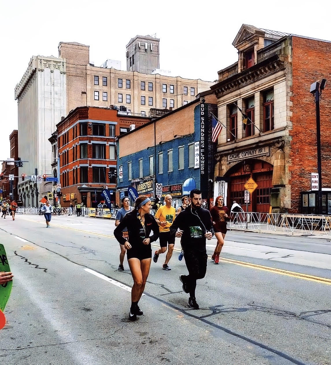 Laura and Nick running through downtown Pittsburgh